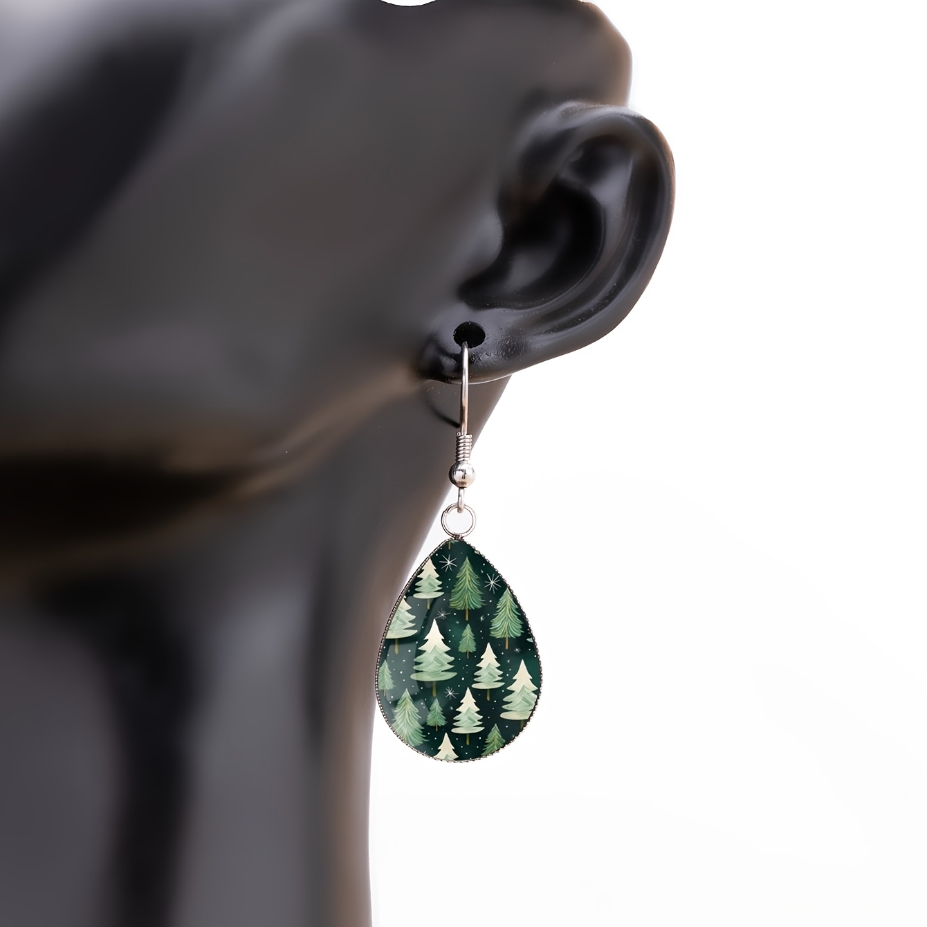 Women's Deep Green Forest Pattern Stainless Steel Water Drop Earrings